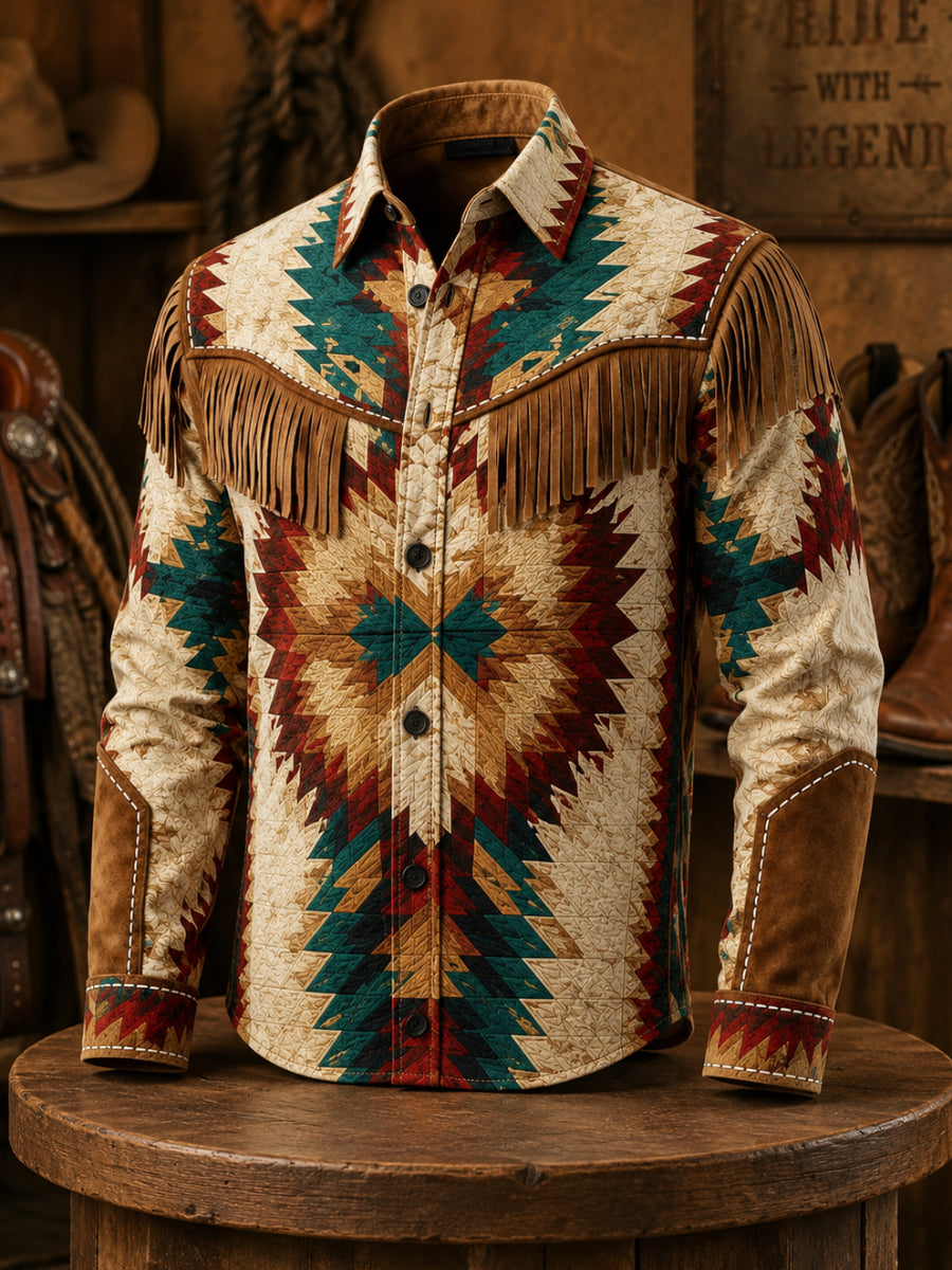 Men's Retro Style Art Print Western Vintage Tassel Casual Long Sleeve Shirt